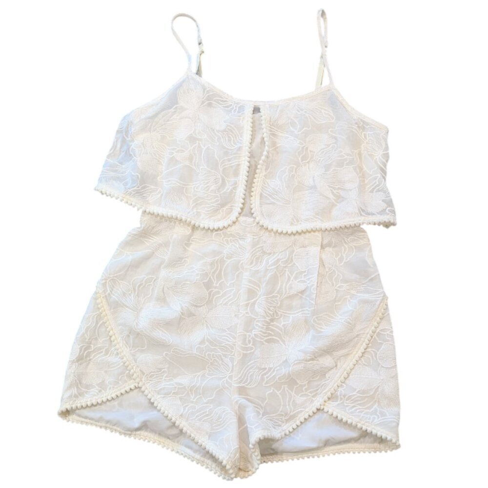 BEBE Nwt Embroidered Pom Pom Tulip Romper 10 Split Front Spaghetti Strap Bridal